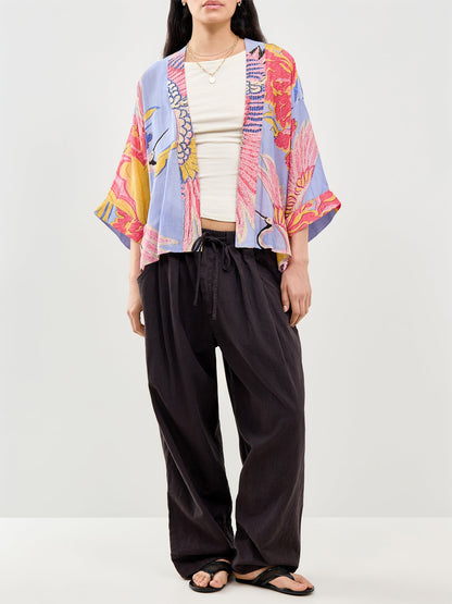Crane Print Short Kimono Blue
