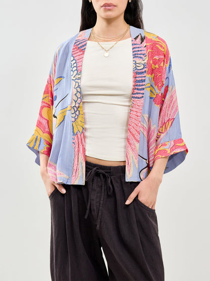 Crane Print Short Kimono Blue