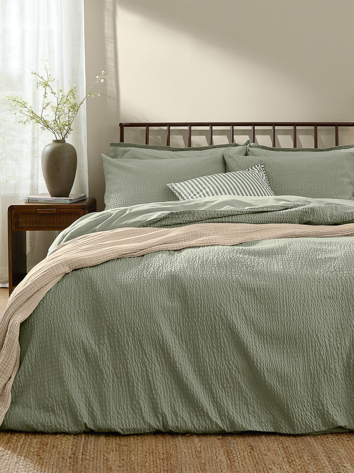 Cotton Hebden Relaxed Seersucker Double Duvet Set - Bay Green