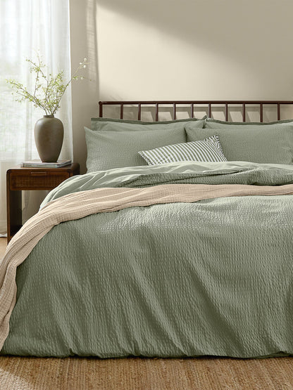 Cotton Hebden Relaxed Seersucker Double Duvet Set - Bay Green