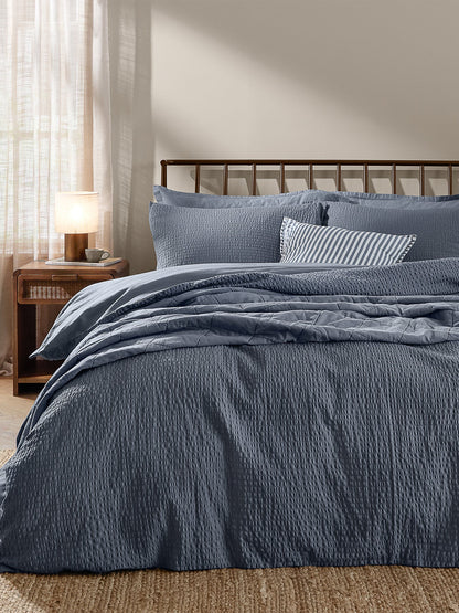 Cotton Hebden Relaxed Seersucker King Duvet Set - Denim Blue