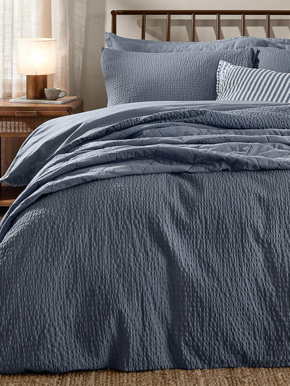 Cotton Hebden Relaxed Seersucker King Duvet Set - Denim Blue