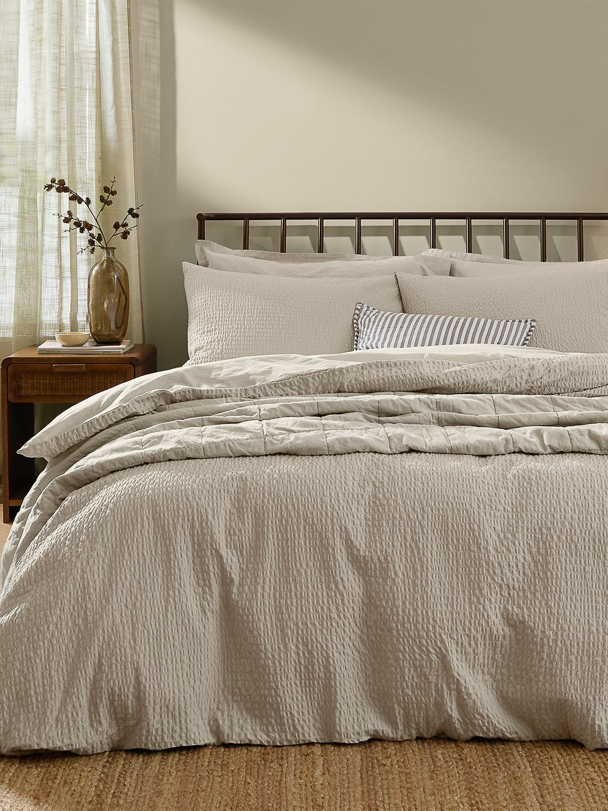 Cotton Hebden Relaxed Seersucker Double Duvet Set - Stone