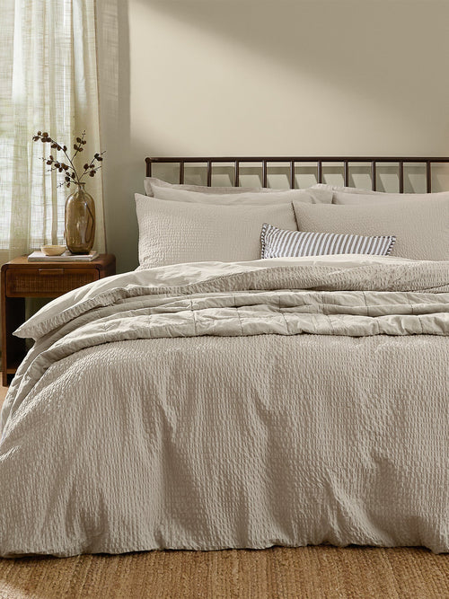 Cotton Hebden Relaxed Seersucker Double Duvet Set - Stone