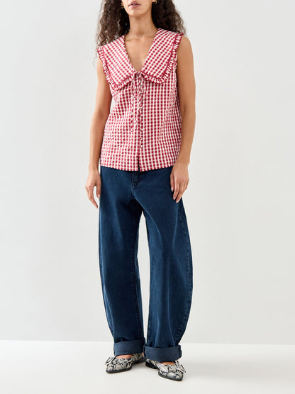 Blair Ruffle Collar Button Through Top Red
