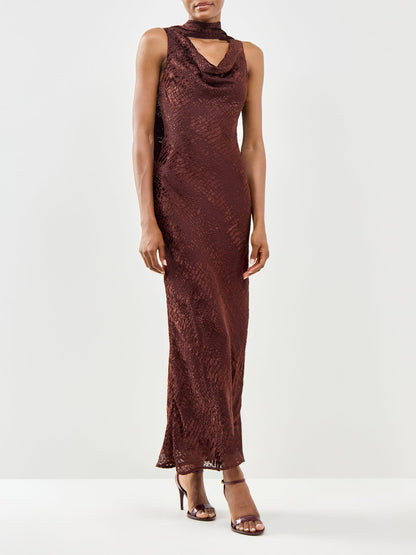 Ainsley Cowl Neck Maxi Slip Dress Brown