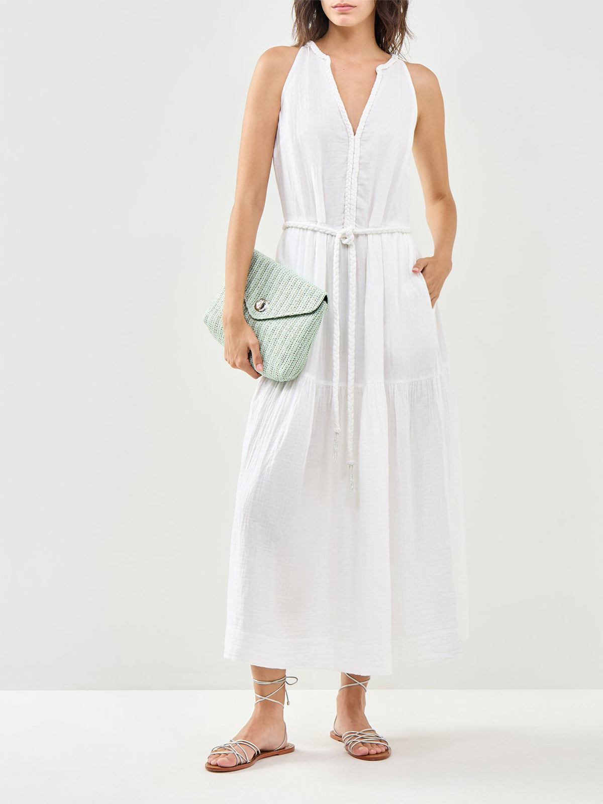 Cheesecloth Rope Belt Dress White