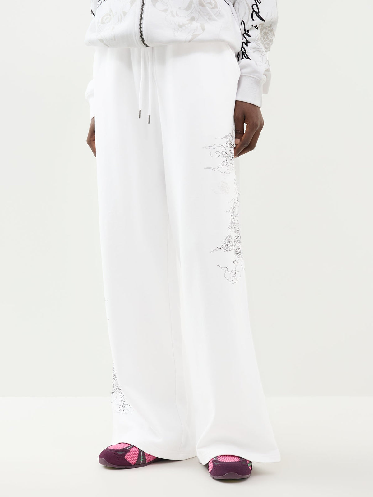 Cotton Gothic Dragon Relaxed Joggers - White