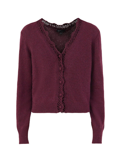 Wool Blend Crochet Trim V-Neck Cardigan - Red