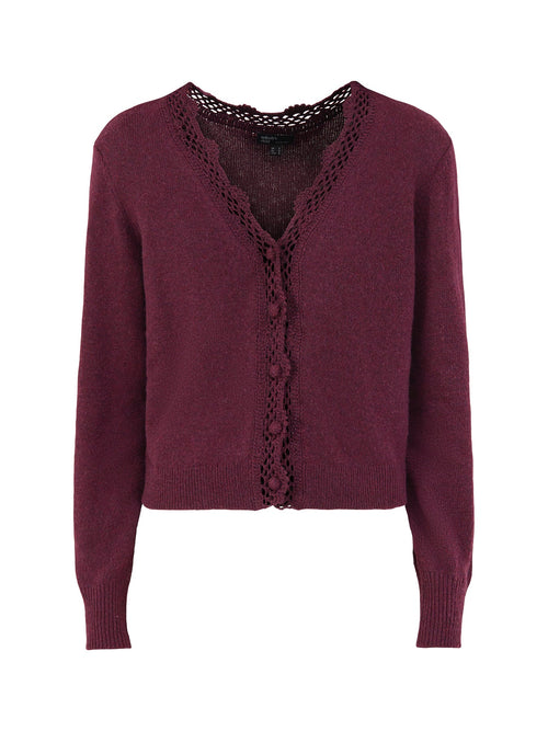 Wool Blend Crochet Trim V-Neck Cardigan - Red