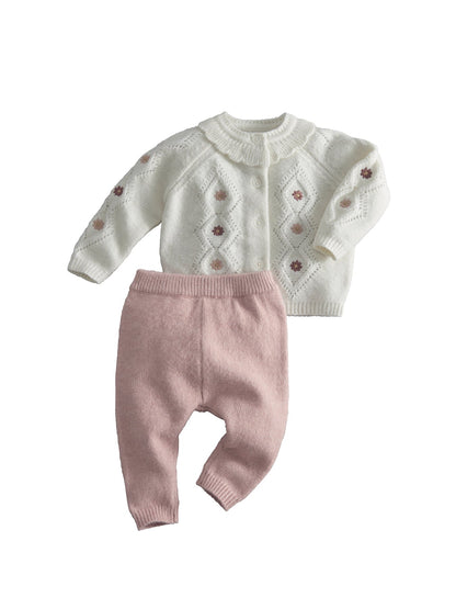 Baby Embroidered Knit Cardigan & Leggings Two Piece Set Pink