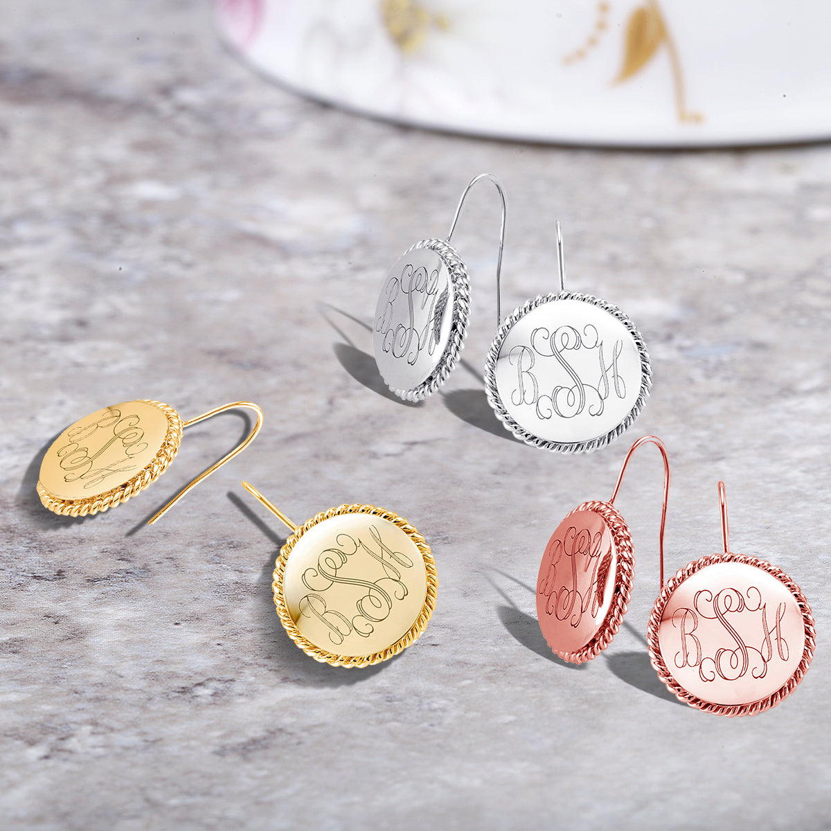 Personalized Braided Round Monogram Earrings Initial Earrings