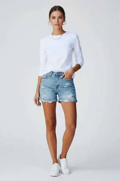 Women's Distressed Denim Shorts | Relaxed Fit Fringe Hem Summer Bottoms