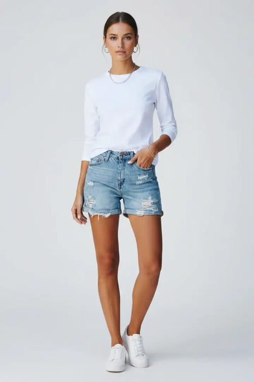Women's Distressed Denim Shorts | Relaxed Fit Fringe Hem Summer Bottoms