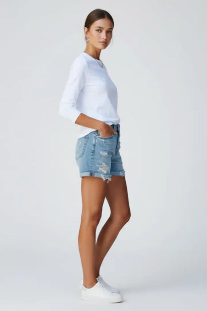 Women's Distressed Denim Shorts | Relaxed Fit Fringe Hem Summer Bottoms