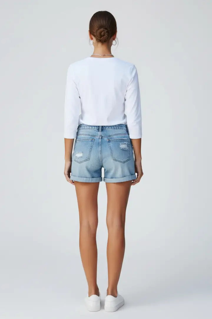 Women's Distressed Denim Shorts | Relaxed Fit Fringe Hem Summer Bottoms