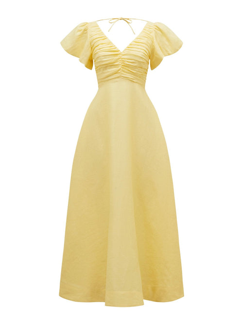 June Ruched Linen Midi Dress