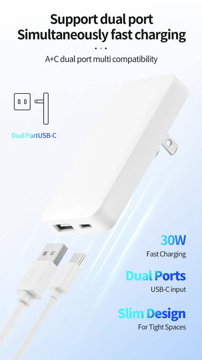 2-Pack Ultra-Slim 30W USB-C & USB-A Dual-Port Fast Charger