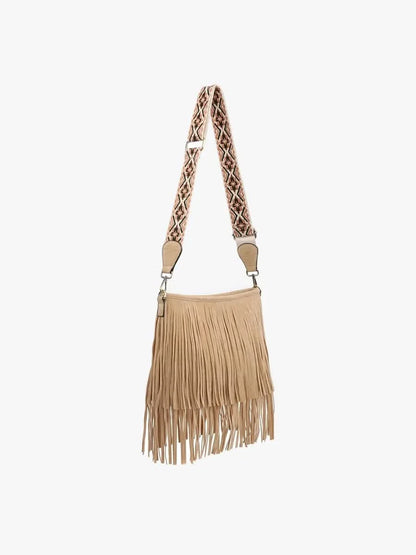 Sadie Light Brown Suede Fringe Crossbody w/ Guitar Strap Purse