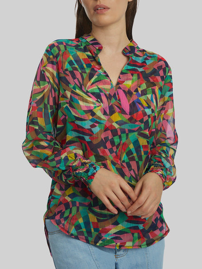 Abstract Print Mandarin Collar Blouse
