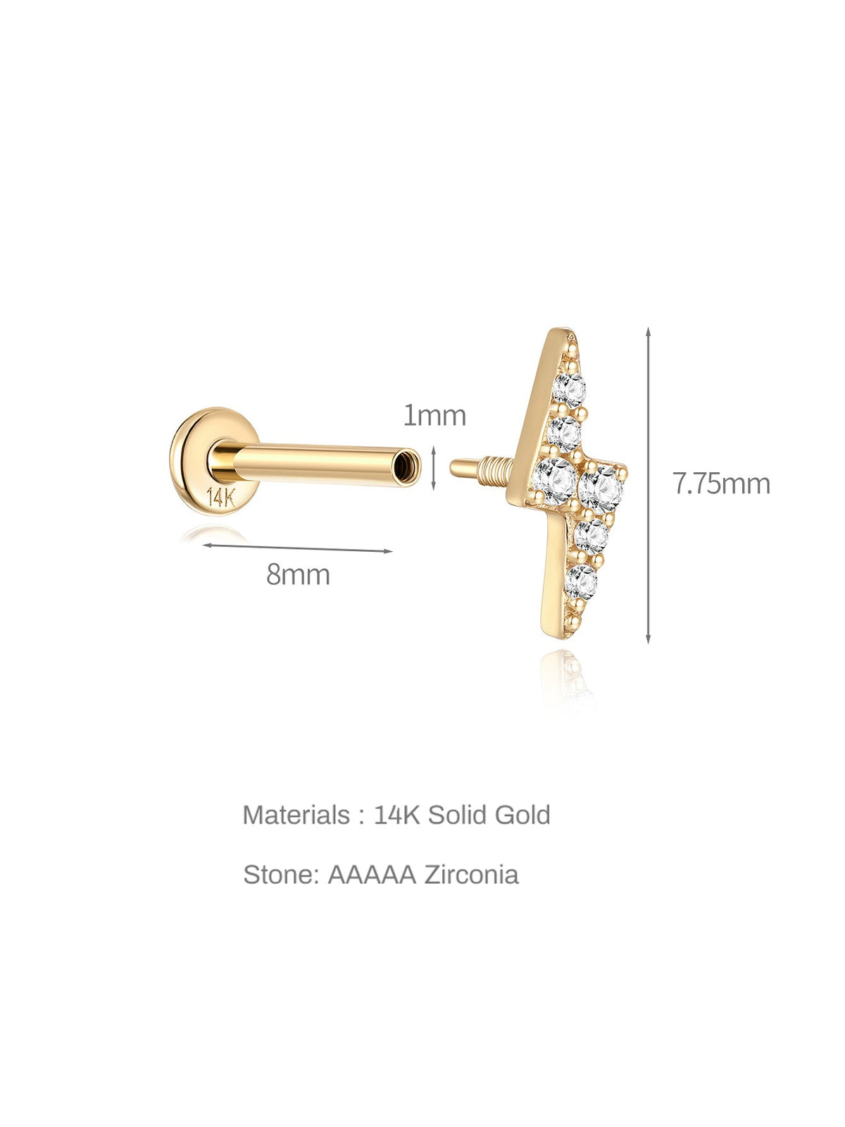 KOSINER 14K Solid Gold Dainty Ligntning Flat Back Stud