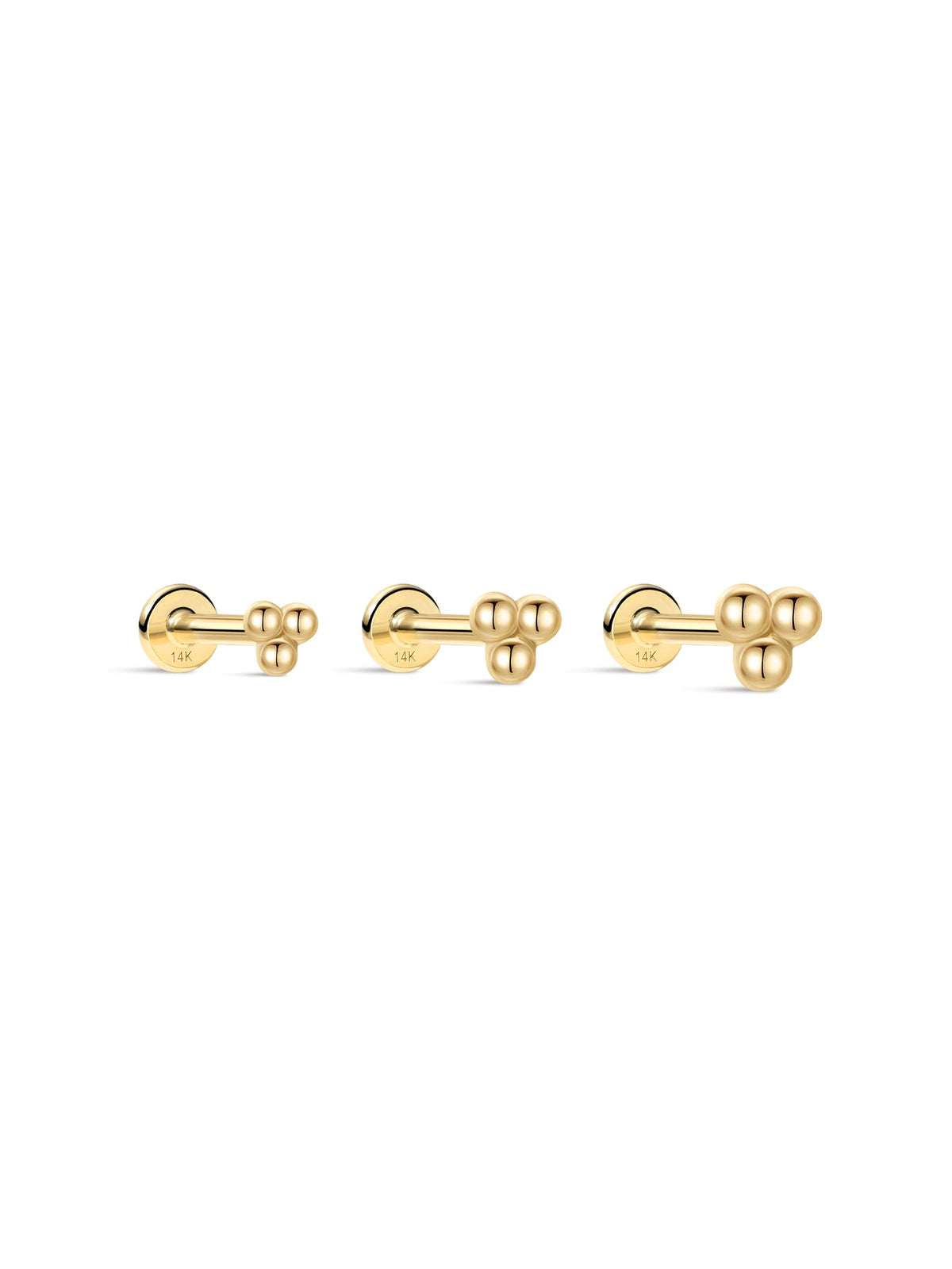 KOSINER 14K Solid Gold Simple Triple Ball Flat Back Stud