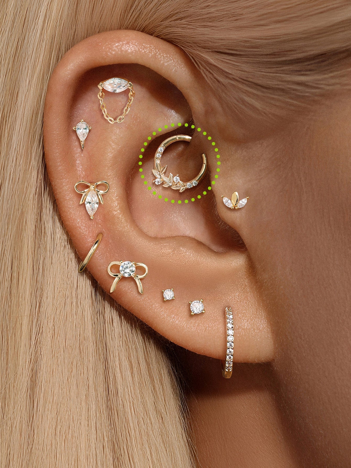 KOSINER 14K Solid Gold Elegant Marquise Cluster Daith Clicker