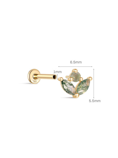 KOSINER 14K Solid Gold Double Marquise Moss Agate Flat Back Stud