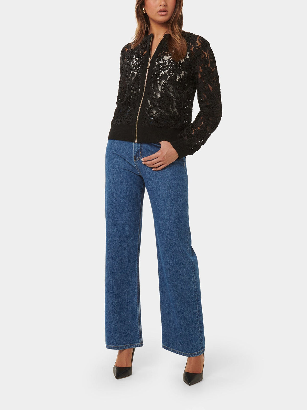 Riley Lace Mixed Knit Bomber Jacket
