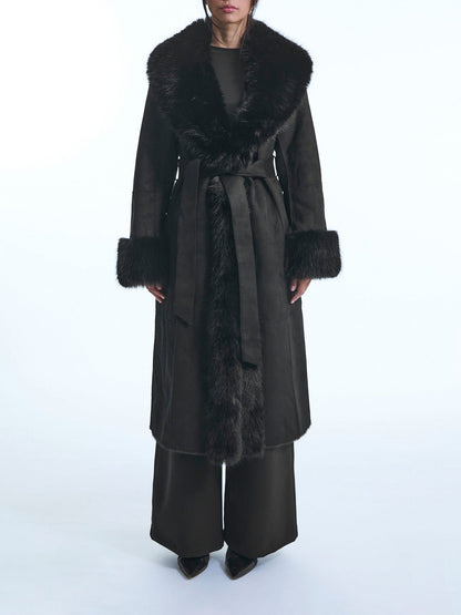Faux Fur Cuff Belted Coat