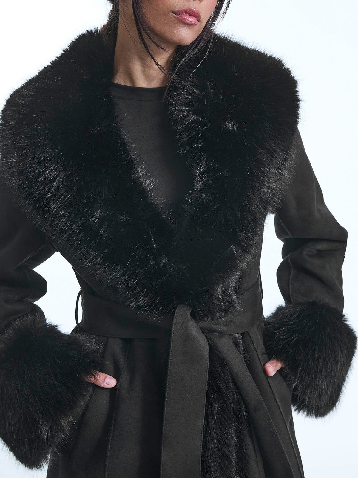Faux Fur Cuff Belted Coat