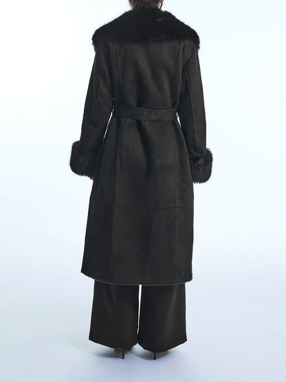 Faux Fur Cuff Belted Coat