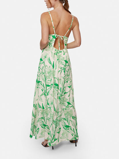 Open Back Print Tiered Midi Dress