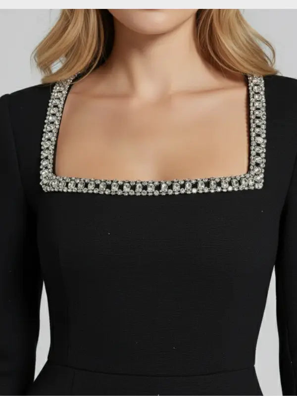 Women's Cotton Bodycon Mini Dress | Elegant Square Neck Long Sleeve Black Dress