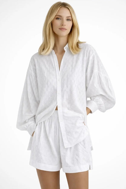 Women's Cotton Broderie Summer Two Piece Set | Relaxed Oversized Shirt and Shorts