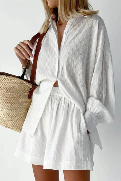 Women's Cotton Broderie Summer Two Piece Set | Relaxed Oversized Shirt and Shorts