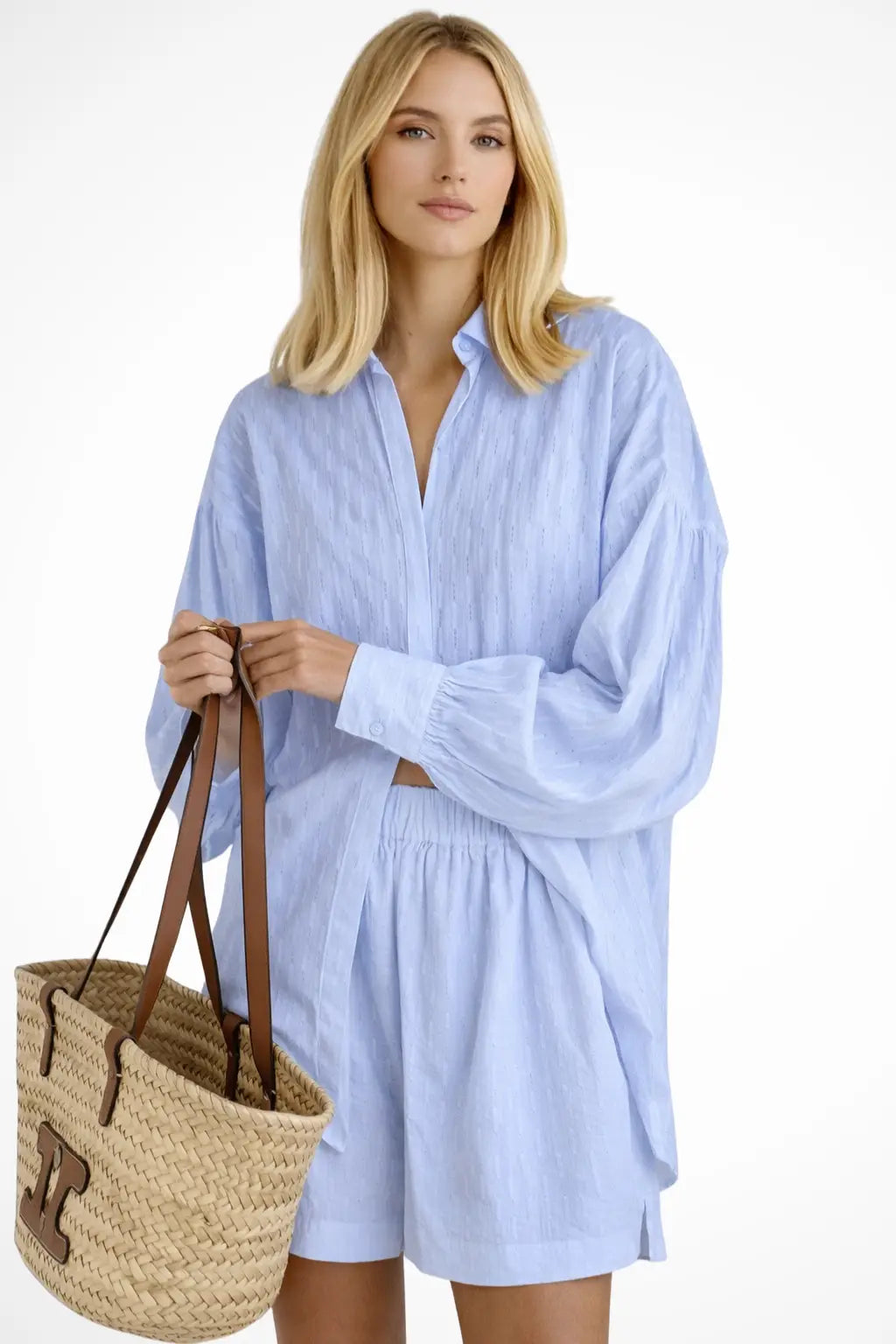 Women's Cotton Broderie Summer Two Piece Set | Relaxed Oversized Shirt and Shorts