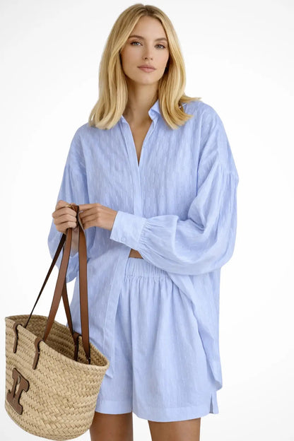 Women's Cotton Broderie Summer Two Piece Set | Relaxed Oversized Shirt and Shorts