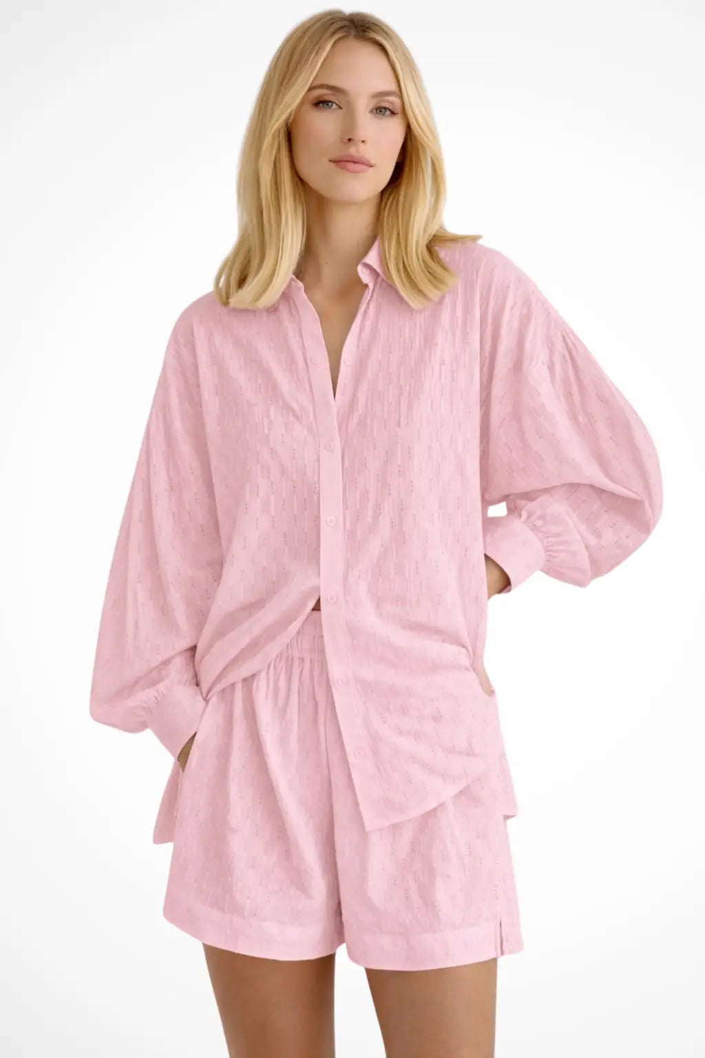 Women's Cotton Broderie Summer Two Piece Set | Relaxed Oversized Shirt and Shorts