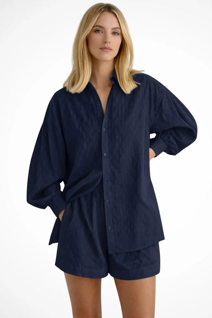 Women's Cotton Broderie Summer Two Piece Set | Relaxed Oversized Shirt and Shorts