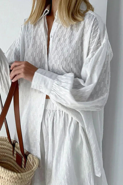 Women's Cotton Broderie Summer Two Piece Set | Relaxed Oversized Shirt and Shorts