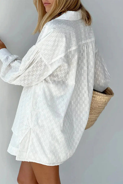 Women's Cotton Broderie Summer Two Piece Set | Relaxed Oversized Shirt and Shorts