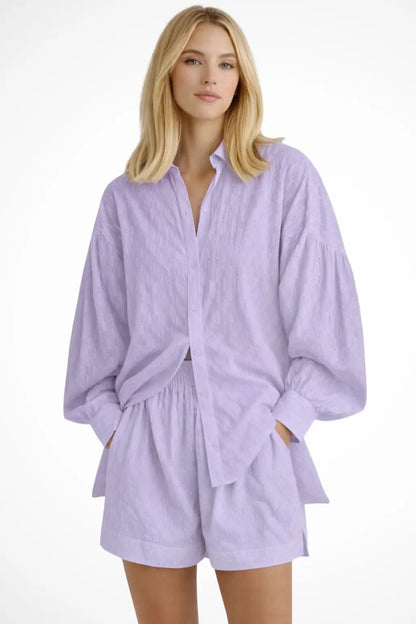 Women's Cotton Broderie Summer Two Piece Set | Relaxed Oversized Shirt and Shorts