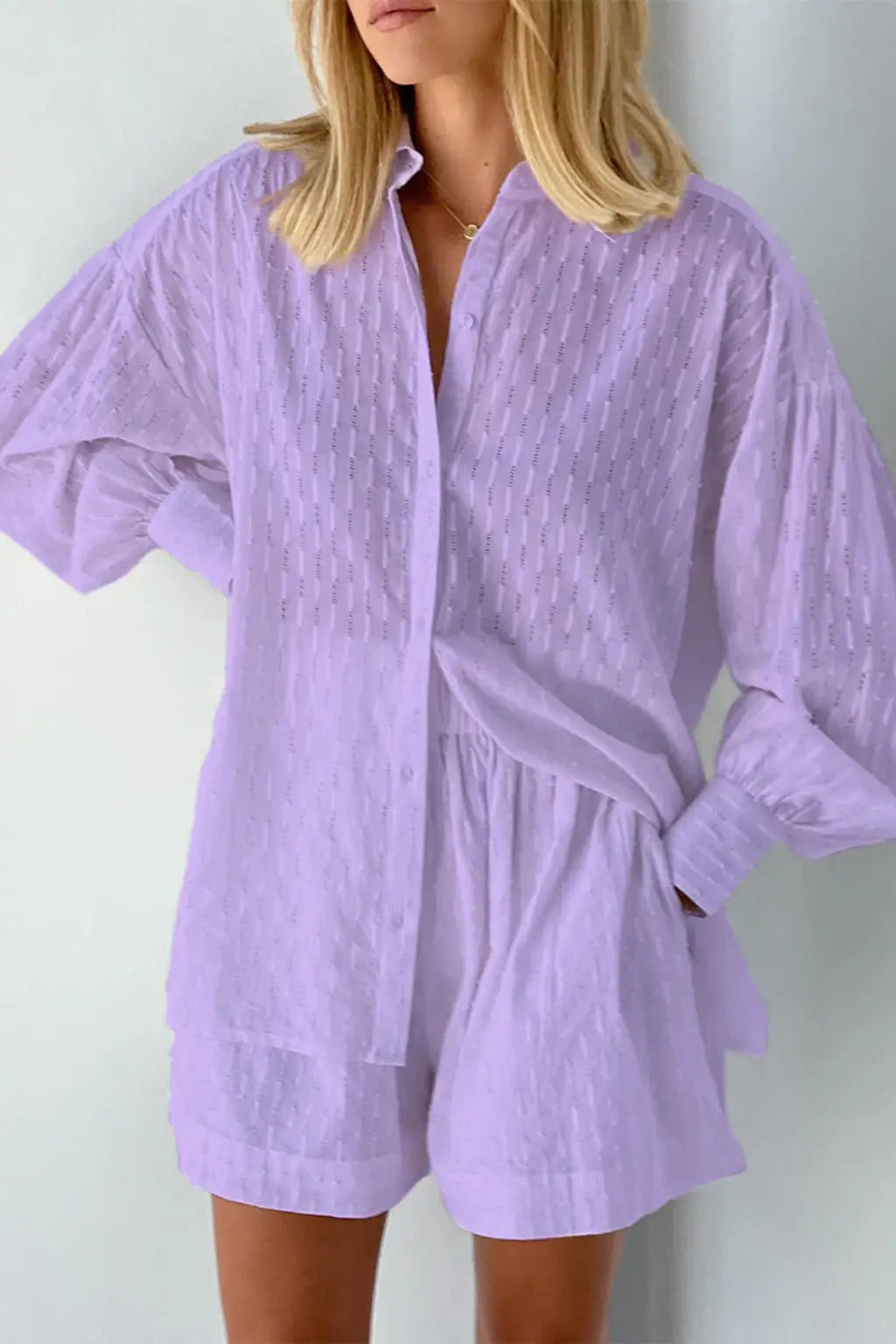 Women's Cotton Broderie Summer Two Piece Set | Relaxed Oversized Shirt and Shorts