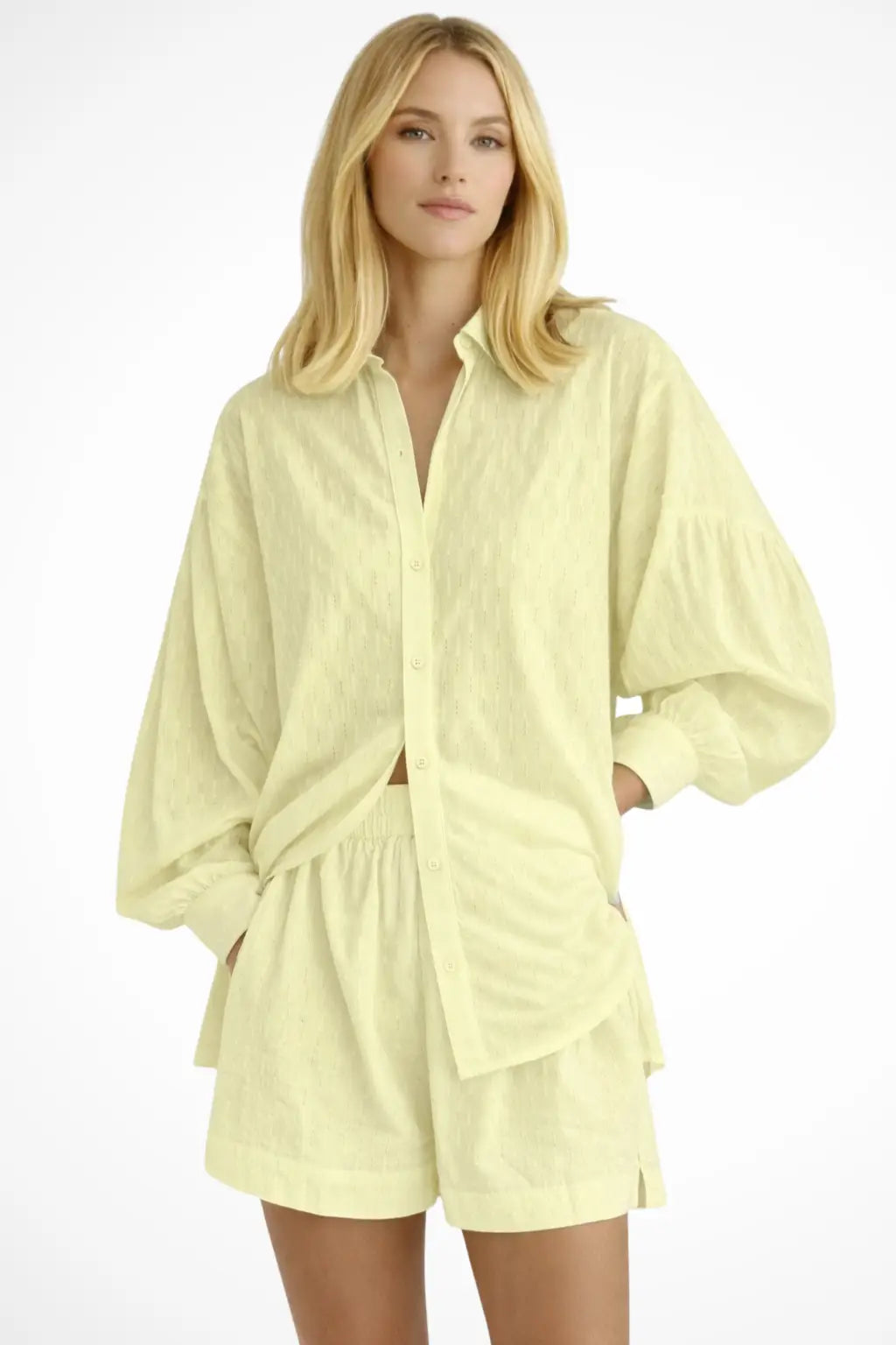 Women's Cotton Broderie Summer Two Piece Set | Relaxed Oversized Shirt and Shorts