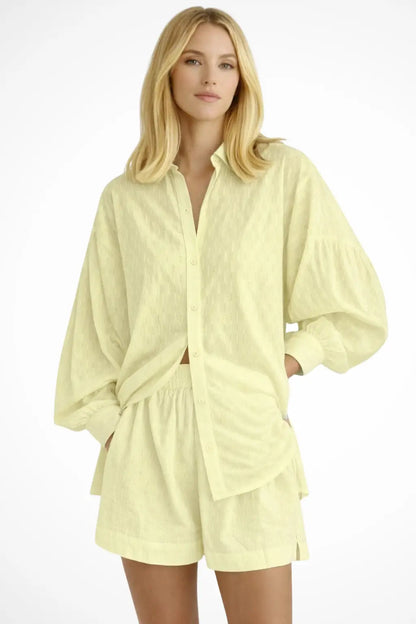 Women's Cotton Broderie Summer Two Piece Set | Relaxed Oversized Shirt and Shorts