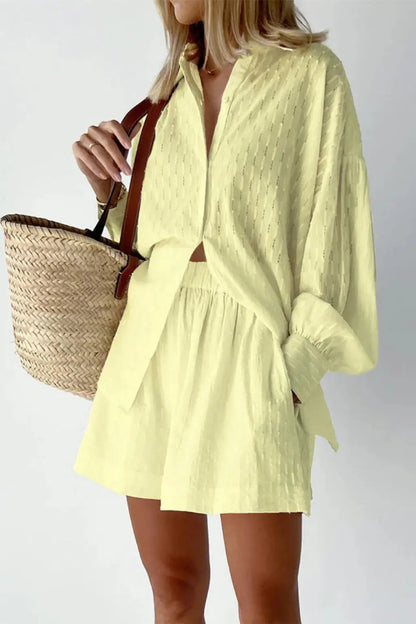 Women's Cotton Broderie Summer Two Piece Set | Relaxed Oversized Shirt and Shorts