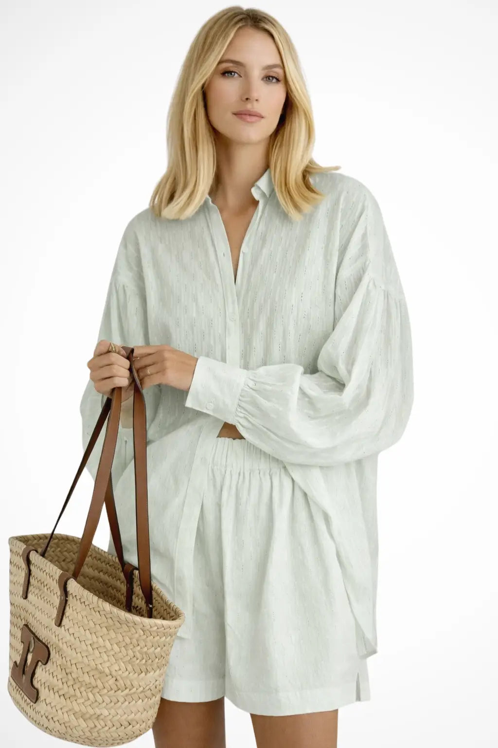 Women's Cotton Broderie Summer Two Piece Set | Relaxed Oversized Shirt and Shorts