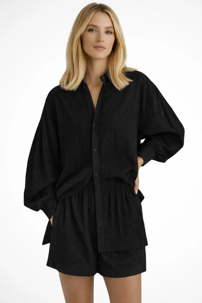 Women's Cotton Broderie Summer Two Piece Set | Relaxed Oversized Shirt and Shorts