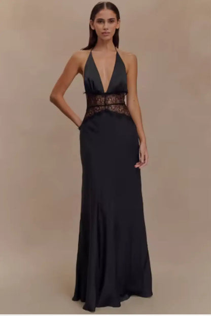 Women's Lace Maxi Dress | Modern Halter Neck Backless Design